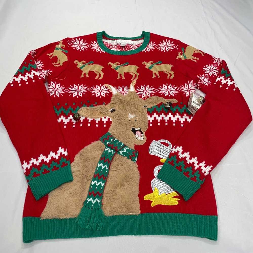 Jolly Sweaters Ugly Christmas Sweater Mens Medium Red Screaming Goat Beer Jingle